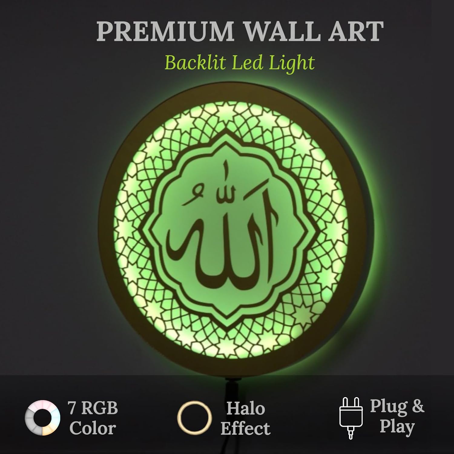 Heartily Allah LED Wall Light 24 cm | 7 Color RGB Halo Backlit Islamic Wall Decor | Golden Mirror Allah Calligraphy Wall Lamp | Ready to Hang Spiritual Wall Art for Prayer Room, Living Room & Office - Image 3