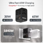 Destinio Universal Travel Adapter - 65W Laptop/MacBook GaN Fast Charging Adapter with 2 Type C & 1 USB Ports, Universal Charger Adapter, All in One International Travel Adapter for US, UK, Europe - Image 3