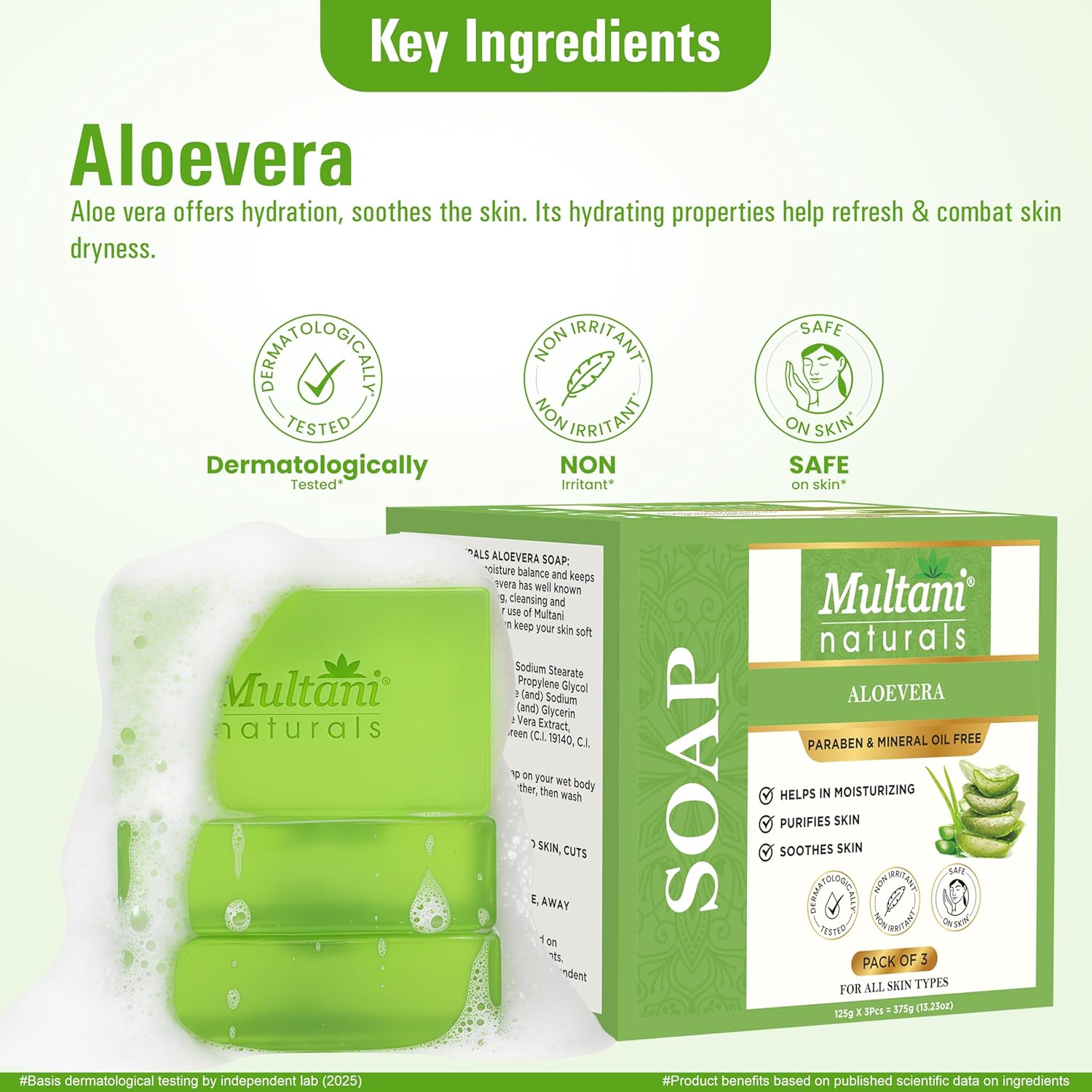 Multani Natural Aloe Vera Soap For Bath (125 Gm - Pack Of 3) | Helps In Reducing Acne | For Deep Hydration & Glow | For Pigmentatio & Sun Damage | Helps Rejuvenate Dull & Tired Skin | Paraben Free | Clinically Tested | For All Skin Types | Soap Bar For Men & Women - Image 4