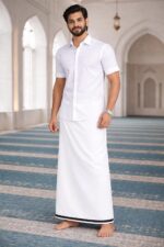 Men’s White Cotton Lungi with Blue Stitched Border | Muslim Prayer Wear Lungi | Soft Breathable Traditional Mundu | Comfortable Daily & Namaz Wear for Men - Image 4