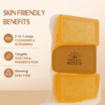 Kojic Acid & Saffron Detan Scrub Soap With Turmeric & Niacinamide | Skin Brightening Soap | Dark Spots, Pigmentation & Tan Removal Bathing Soap For Men & Women (Pack of 3) - Image 3