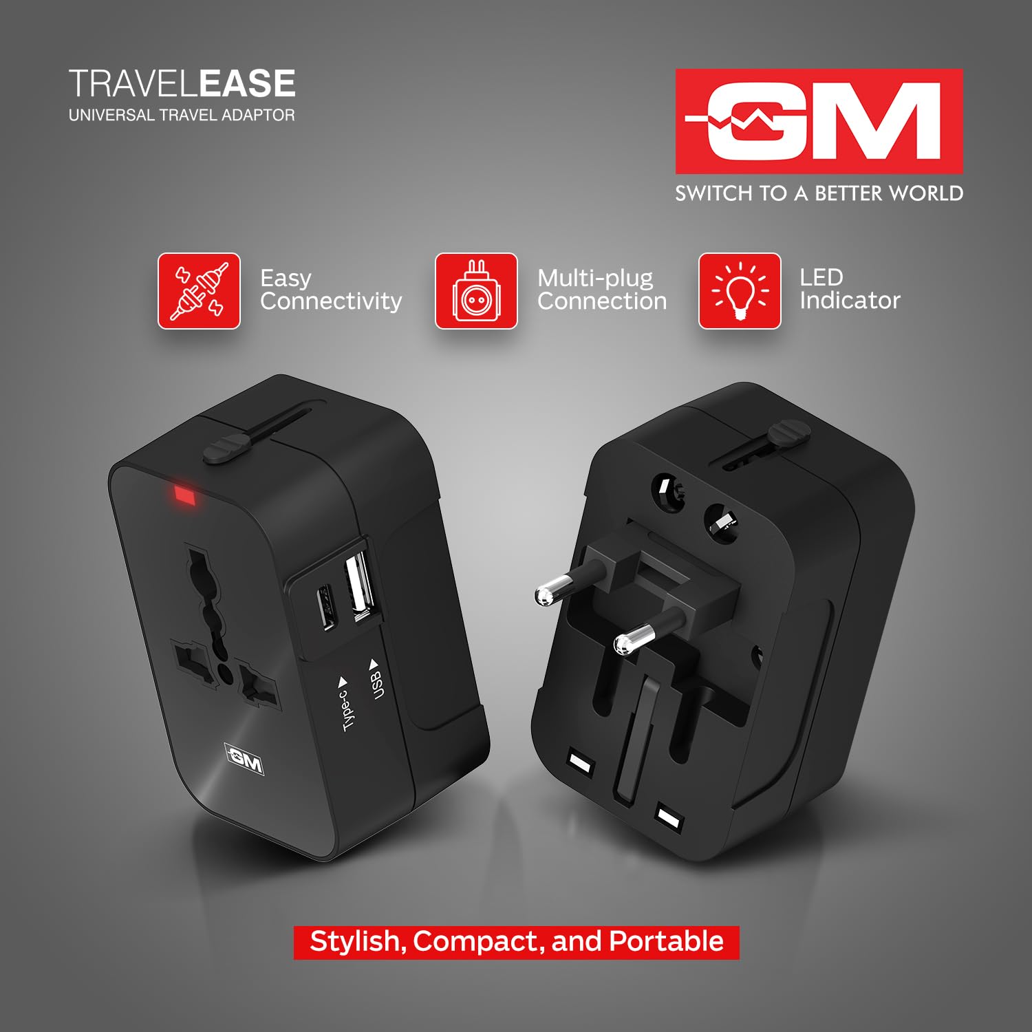 GM 3064 Universal Charger with 240V Power Output | International Travel Adapter with Port Type C - 3.1Amp and Type A - 2.1Amp Output | LED Indicator | for 150+ Countries US,UK,EU,AUS,Etc - Black - Image 3