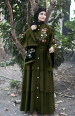 Mehandi Abaya Embroidery Work Burqa For Women Elegant Modest Islamic Wear Stylish Dubai Abaya Full Length Naqab (Mehandi) - Image 3