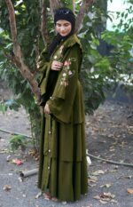 Mehandi Abaya Embroidery Work Burqa For Women Elegant Modest Islamic Wear Stylish Dubai Abaya Full Length Naqab (Mehandi) - Image 4