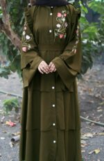 Mehandi Abaya Embroidery Work Burqa For Women Elegant Modest Islamic Wear Stylish Dubai Abaya Full Length Naqab (Mehandi) - Image 5