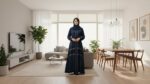 Women's Abaya Navy Blue with Gold Trim, Long Sleeve, Belted Waist, Modest Islamic Wear - Image 3