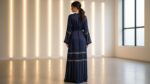 Women's Abaya Navy Blue with Gold Trim, Long Sleeve, Belted Waist, Modest Islamic Wear - Image 5