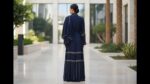 Women's Abaya Navy Blue with Gold Trim, Long Sleeve, Belted Waist, Modest Islamic Wear - Image 6
