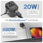 Ambrane Universal Travel Adapter,4 in 1 Fast Charging; 1 Type C (20W),2 USB (20W) & 1 AC Socket (880W) with 3 Removable Pins for EU,UK and USA/AUS and Other Countries for Modern Travel (ATA-01),Black - Image 4