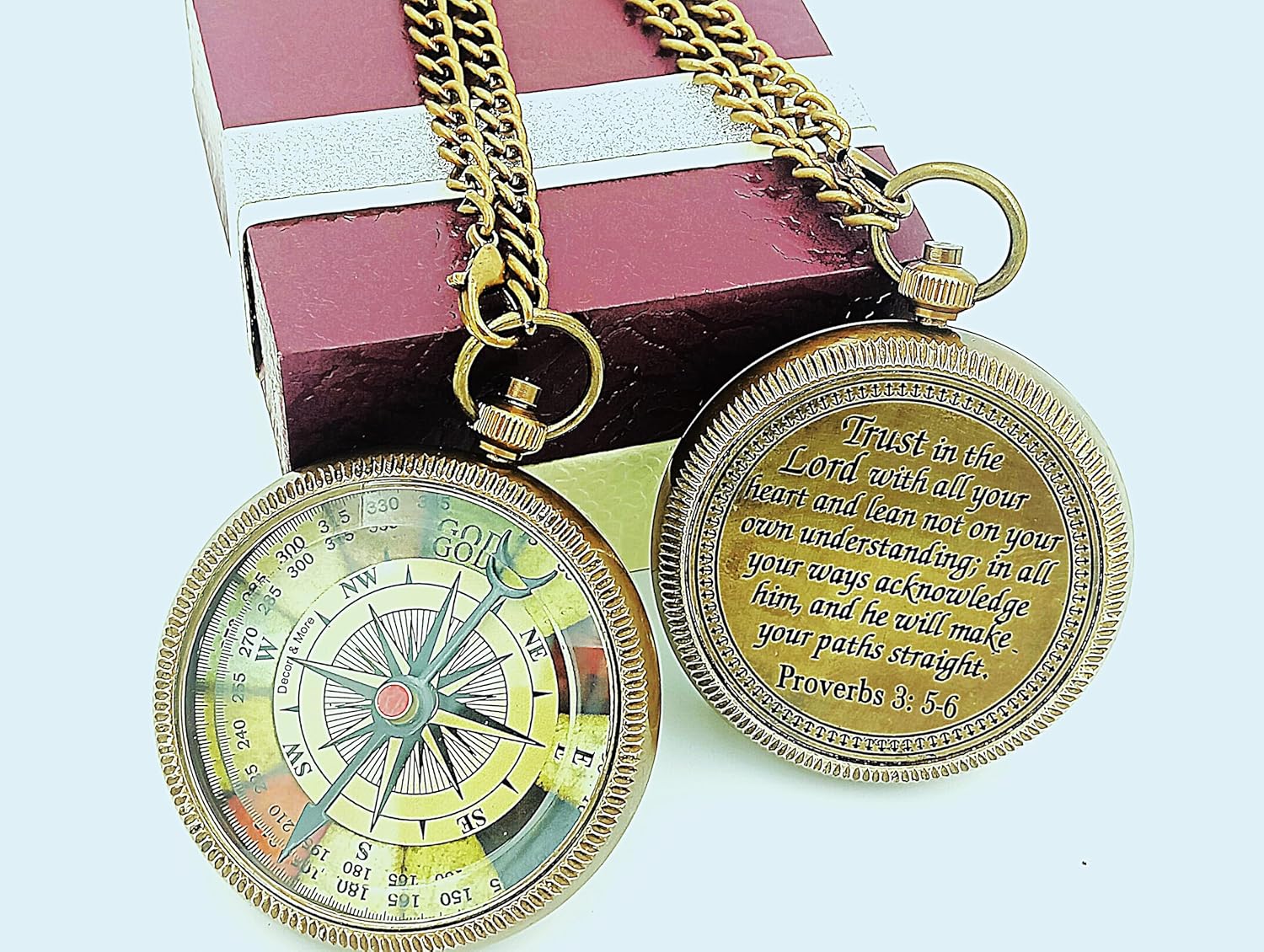 Decor&More Vintage Brass Compass with Biblical Quote, Proverbs 3:5-6 Engraved, Double-Sided Pendant with Chain - Image 3