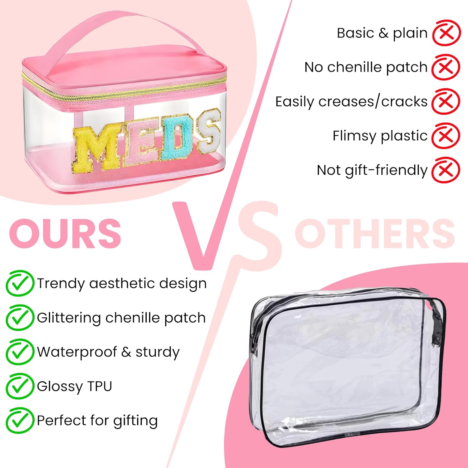 OCEANEVO Small Transparent Medicine Pouch for Travel with Luggage Tag, Versatile Medicine Organizer Pouch for Daily Home or Travel Use with Handle - 23 x 15 x 12 Cm - Model 1 - Pink - Image 6