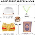 Wooden Holy Books Storage Box with Foldable Book reading Stand Rehal, White Namaz Topi, Tasbih Mala, Small Pearl Dibbi and Quran Book (in Arabic) - Image 3