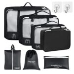 7pcs Travel Organizer Packing Cubes Set with 2 Self-Adhesive Hooks, Laundry Bag, Toiletry Bag, Lightweight Travel Pouch for Clothes (Black) - Image 2