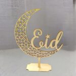 Cliths 1Pcs Eid Mubarak Wooden Crescent Moon Table Decor with Arabic Calligraphy Islamic Ramadan Eid al-Fitr Festive Centerpiece 25.9 x 9.3CM - Image 2