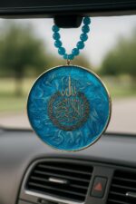 Handmade Car hanging/Wall Art Hanging Decor, Turquoise Blue Resin Medallion with Arabic Calligraphy, Gold Frame with Beaded Chain - Image 2