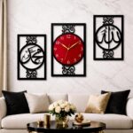 Islamic Wall Clock Set of 3, Allah Muhammad Calligraphy Wall Decor, Modern Acrylic Muslim Home Decor for Living Room, Namaz Room, Ramadan Eid Gift, Large 40 x 25 cm, Red & Black - Image 2