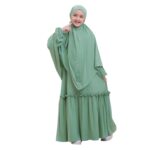 Kids/Children/Girls Abaya/Burqa with Bottom Chunat – Beautiful Self-Design Olive Green Crepe Islamic Abaya - Image 2