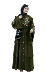 Mehandi Abaya Embroidery Work Burqa For Women Elegant Modest Islamic Wear Stylish Dubai Abaya Full Length Naqab (Mehandi) - Image 2