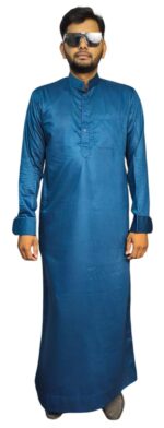 Men's Traditional Saudi Style Thobe, Dark Blue Cotton Full Length Kurta, Round Neck, Full Sleeve, Regular Fit, Casual Islamic Wear - Image 2