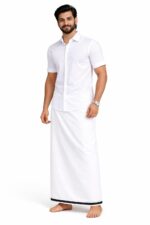 Men’s White Cotton Lungi with Blue Stitched Border | Muslim Prayer Wear Lungi | Soft Breathable Traditional Mundu | Comfortable Daily & Namaz Wear for Men - Image 2