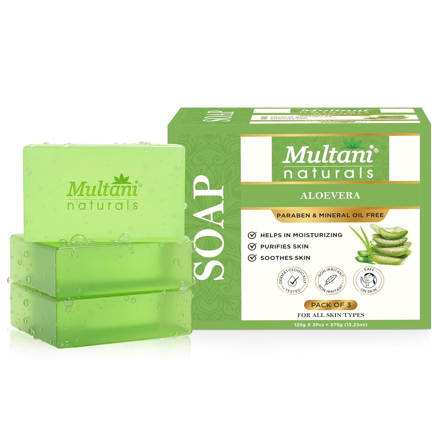 Multani Natural Aloe Vera Soap For Bath (125 Gm - Pack Of 3) | Helps In Reducing Acne | For Deep Hydration & Glow | For Pigmentatio & Sun Damage | Helps Rejuvenate Dull & Tired Skin | Paraben Free | Clinically Tested | For All Skin Types | Soap Bar For Men & Women - Image 2