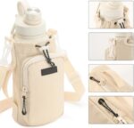 Nylon Sports Water Bottle Holder with Shoulder Strap - Durable Insulated Bottle Carrier for 32oz Bottles - Ideal for Hiking and Sports with Multifunctional Front Pocket (Baige) - Image 2