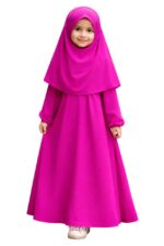 Suroj Shaikh || Girls Islamic Prayer Dress with Hijab, Traditional Full Length Abaya, Fuchsia Pink, Long Sleeve Muslim Worship Attire (6-7 years) - Image 2