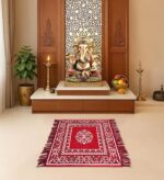 Velvet Motif Prayer Mat 2x2 Ft | Traditional Asana Pooja Mat for Sitting | Meditation Assan Mat | Multipurpose Area Rug, 62x62 cm - 24x24 Inches, Red - Image 2
