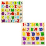 WISHKEY 3D Wooden Capital Alphabet & Number Board Puzzles with Pictures,Set of 2 Montessori Educational Learning Letters Toy for Pre Schooler Kids Boys & Girls(Pack of 2, Multicolor) - Image 2