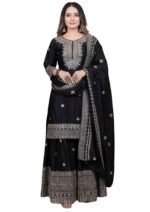 Women Chinon Printed Embroidery Work Round Neck 3/4 Sleeve Straight Regularfit Kurti and Sharara with Dupatta Set - Image 2