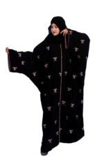 Women's Black Abaya with Pink Bow Pattern, Full Length Traditional Islamic Burqa, Up to 78 Inches round Chest and 56 inches long NO DUPATTA ABAYA. - Image 2