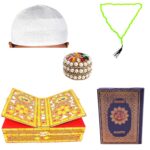 Wooden Holy Books Storage Box with Foldable Book reading Stand Rehal, White Namaz Topi, Tasbih Mala, Small Pearl Dibbi and Quran Book (in Arabic) - Image 2