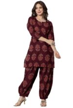 rytras Women's Pure Cotton Printed Straight Kurta Set with Palazzo Pants - Ethnic Wear, Maroon - Image 2