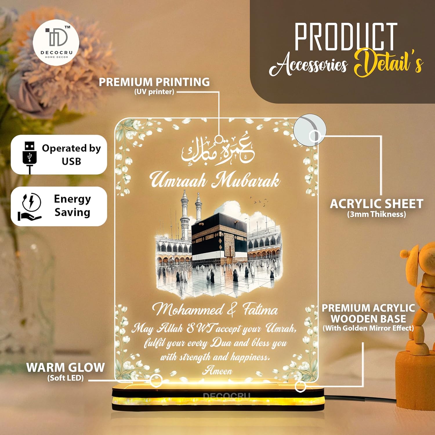 Islamic Kaaba LED Night Lamp Umrah Mubarak Design | Acrylic Table Light | Muslim Gift Idea for Hajj Return Decoration | 6x8 inches - Image 6