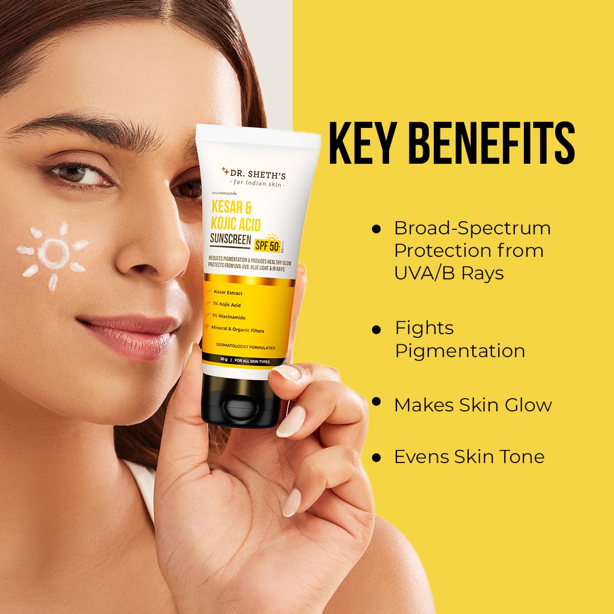 Dr. Sheth's Kesar & Kojic Acid Sunscreen SPF 50+ Pa++++ |In-Vivo Tested | For Pigmentation-Free Skin | Lightweight & Non Greasy | For UVA/UVB & Blue Light & IR Protection | No White Cast | For All Skin Types | For Men & Women | 30 g - Image 4