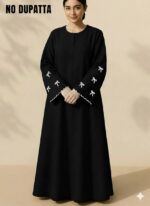 Women's Burqa with Bow Details White Embroidery, Long Bell Sleeves, Free Size up to 65 kg Chest is 44 inches and it is 56 inches Long Made by Firdous Fabric Suitable up to 65kg Body Weight. - Image 4