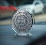 Car Dashboard Decoration Items | Allah Muhammad Ayatul Kursi Circular Acrylic Car Dashboard Decor | Islamic Muslim Religious Showpiece for Car, Home & Office | Silver Finish Ramadan Eid Gift - Image 4