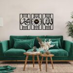 Islamic Wall Art Set with Clock, 3-Piece Wooden Arabic Calligraphy Decor, Black Geometric Frame Design, Modern Religious Home Decoration - Image 5