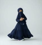 Traditional Navy Blue Girls Prayer Dress with Hijab, Long Sleeve Islamic Abaya, Modest Tiered Maxi Dress (6-7 years) - Image 3