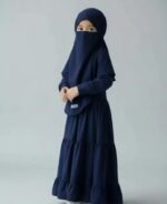 Traditional Navy Blue Girls Prayer Dress with Hijab, Long Sleeve Islamic Abaya, Modest Tiered Maxi Dress (6-7 years) - Image 4