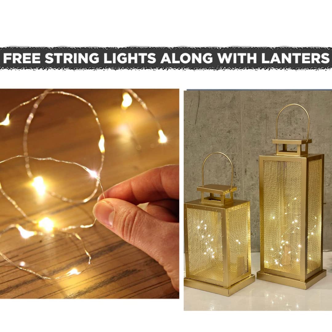 Urban Born Set of 2 Iron Lantern and Candle Tealight Holder for Home Decor Items | Candles for Home Decoration | Candle Holders for Home Decor | 2 Free led Lights (Pack of 2) (Gold) - Image 3