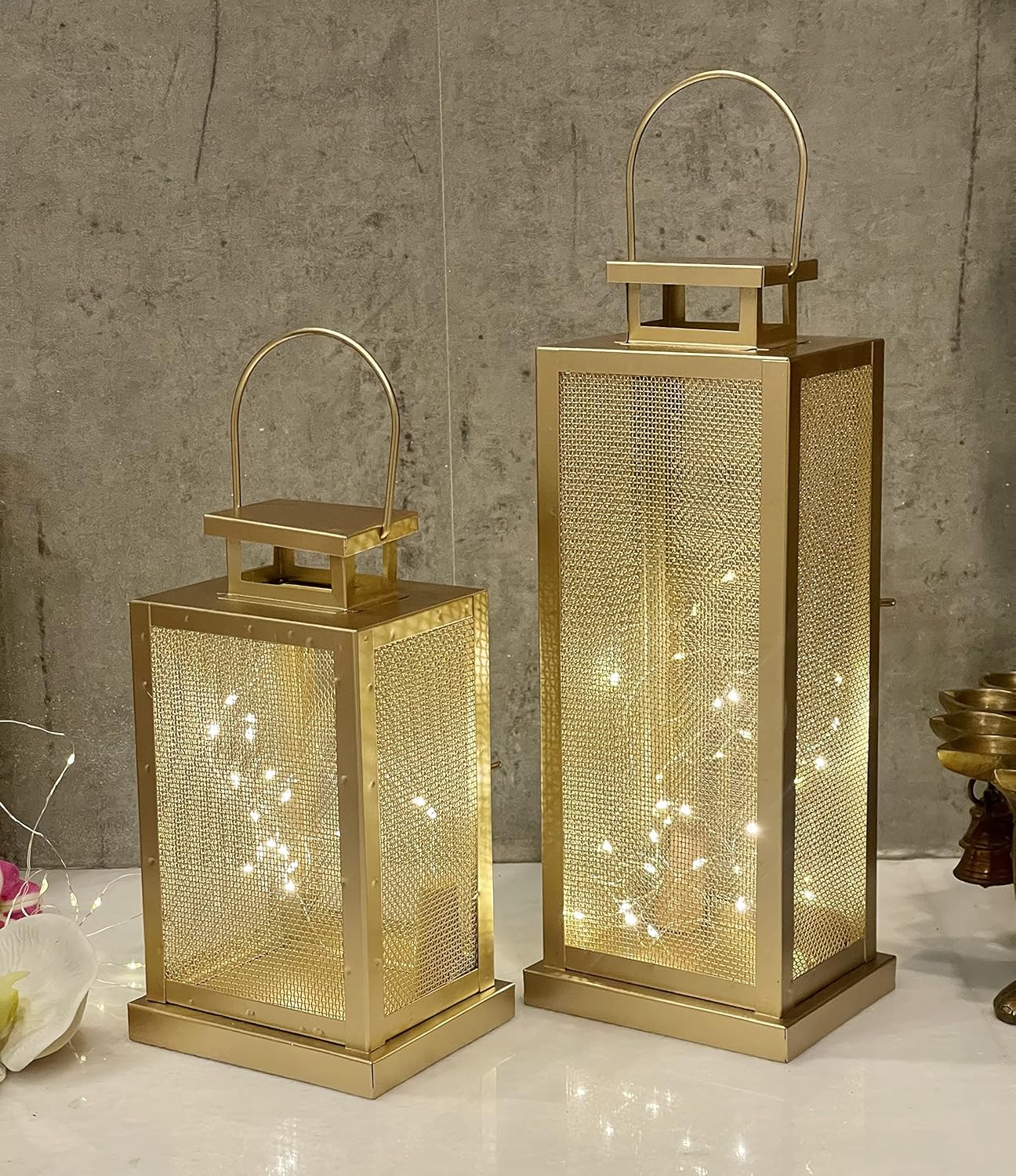 Urban Born Set of 2 Iron Lantern and Candle Tealight Holder for Home Decor Items | Candles for Home Decoration | Candle Holders for Home Decor | 2 Free led Lights (Pack of 2) (Gold) - Image 8