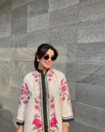 Modestouze Attires Women's Pattern Rayon Kurta Pant Set with Flare Long Sleeve Collared Neck Hip Length and Pull On Closure Type - Image 5