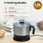SOLARA Electric Kettle Multipurpose 1.5 Litre, 600 Watts, Stainless Steel Body with Glass Lid, 3 Boiling Modes, for Hot Water, Milk, Tea, Coffee, Cooking Oats, Noodles, Soup, Egg Boiler Machine-Black - Image 3