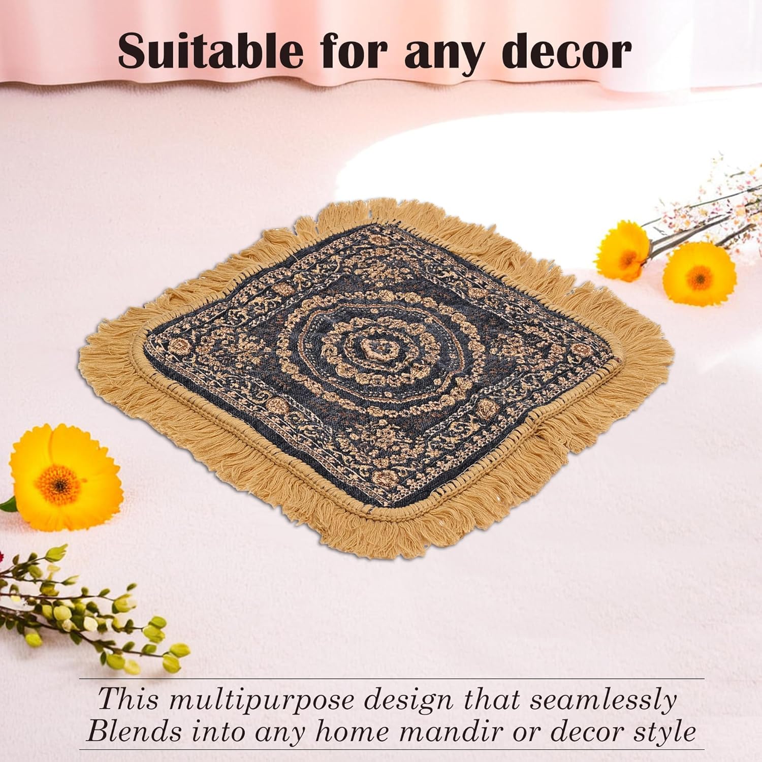 Kuber Industries Pack of 4 Velvet Pooja Mat For Sitting On Floor | Comfortable Eating Aasan for Home | Decorative Sitting Mat for Meditation & Mandir | Floral - Brown & Grey - Image 4