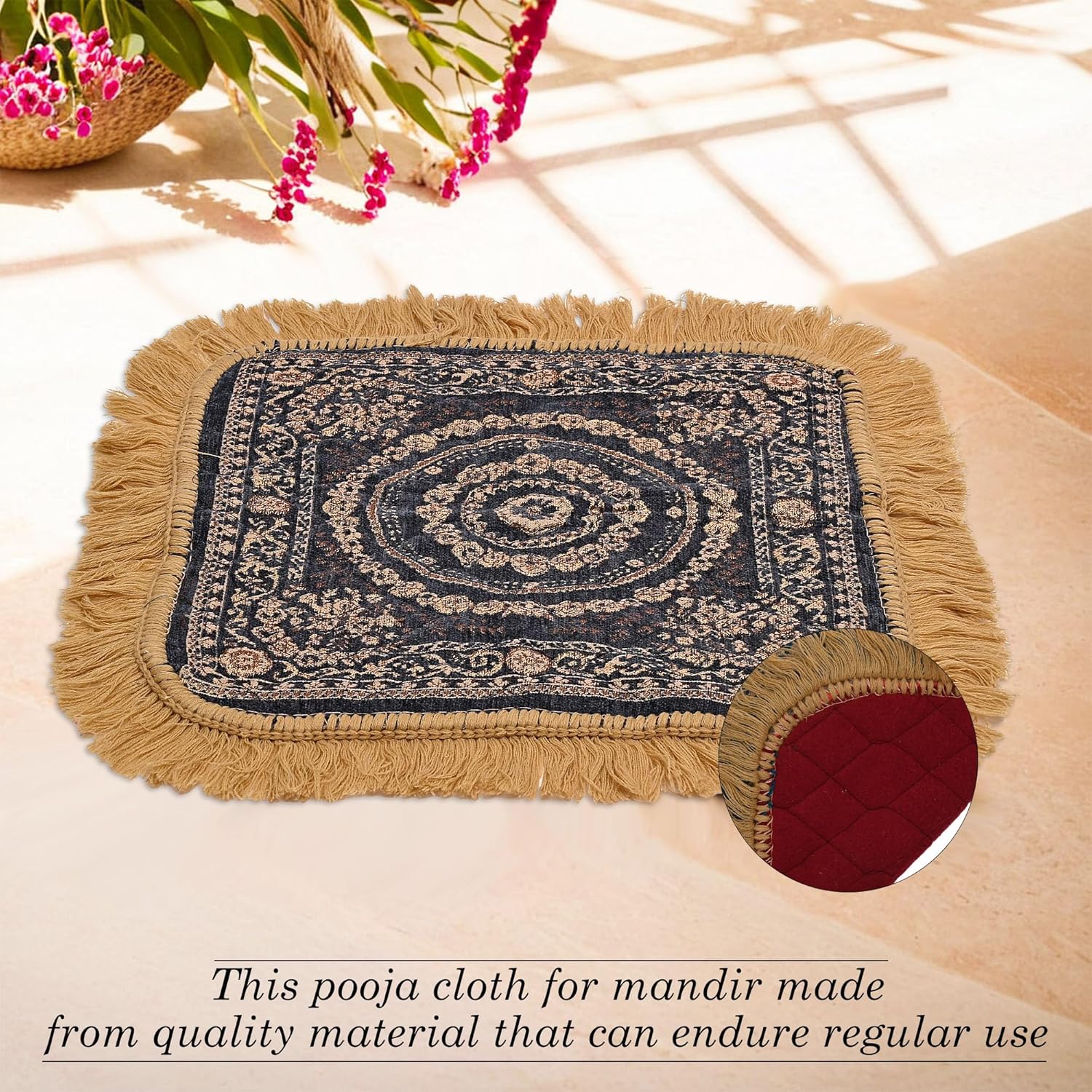 Kuber Industries Pack of 4 Velvet Pooja Mat For Sitting On Floor | Comfortable Eating Aasan for Home | Decorative Sitting Mat for Meditation & Mandir | Floral - Brown & Grey - Image 5