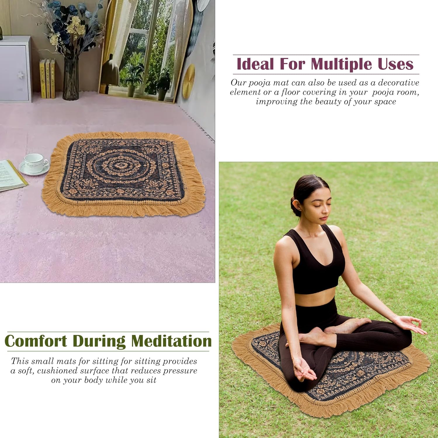Kuber Industries Pack of 4 Velvet Pooja Mat For Sitting On Floor | Comfortable Eating Aasan for Home | Decorative Sitting Mat for Meditation & Mandir | Floral - Brown & Grey - Image 7