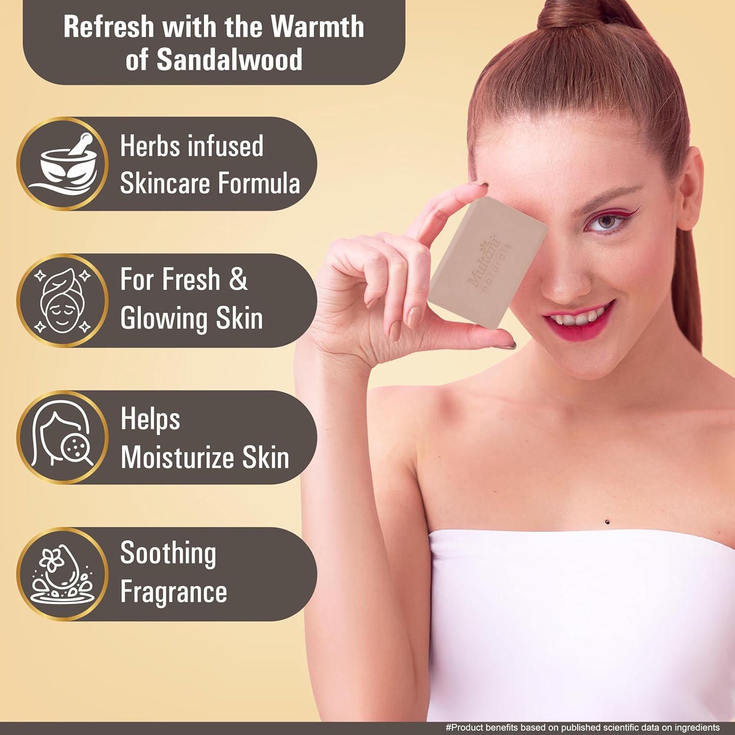 Multani Natural Sandalwood Ayurvedic Soap For Bath (125 Gm - Pack Of 3) | For Hydration & Glow | Helps Rejuvenate Dull & Tired Skin | Paraben Free | Clinically Tested | For All Skin Types | Soap Bar For Men & Women - Image 3