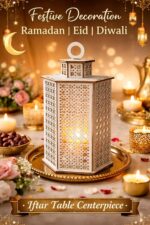 Wooden LED Lantern Lamp for Home Decor – Wooden Laser Cut Decorative Table Lantern Warm Light Night Lamp for Bedroom, Living Room, Ramadan & Eid Decoration 8 Inch, 5 Inch Width - Image 3