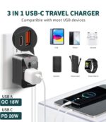Wayona 38W Universal Charger Adapter with Type C & USB A International Travel Adapter, Portable Plug Socket, USB A QC 3.0 18W,Type C PD 20W, 3A Max Fast Charging Worldwide Travel Adapter (Black) - Image 4